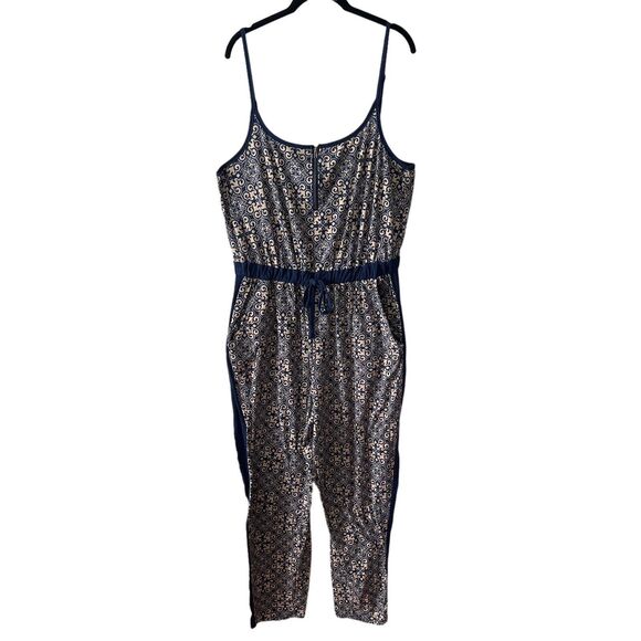Derek Heart Plus 1X Jumpsuit Blue Cream Print Pockets Cinch Waist Vneck - Picture 1 of 11